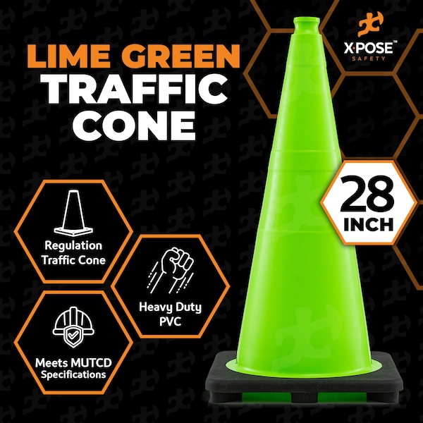 Xpose Safety Traffic Safety Cone, PVC, 28 in Height, 14 in Length, Lime Green - LTC28-12-X