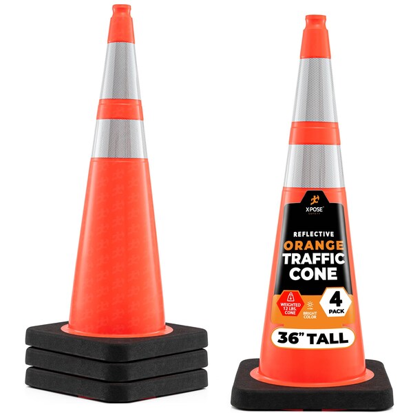 Xpose Safety Traffic Safety Cone, PVC, 36 in Height, 15 in Length, Orange - OTC36-64-12L-4-X-S