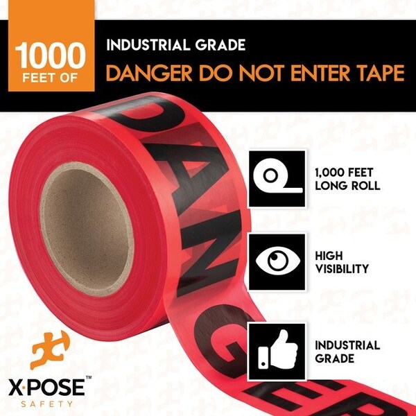 Xpose Safety 2pk Danger Do Not Enter Tape Roll, 2 Rolls, 1000 Ft x 3 In Wide Each, Red Safety Tape, 2PK - PDDNT-2-X-S