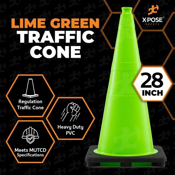 Xpose Safety Traffic Safety Cone, PVC, 28 in Height, 14 in Length, Lime Green - LTC28-FP297-X