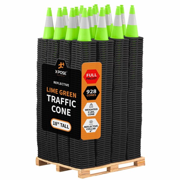 Xpose Safety Traffic Safety Cone, PVC, 18 in Height, 11 in Length, Lime Green - LTC18-6-FP928-X