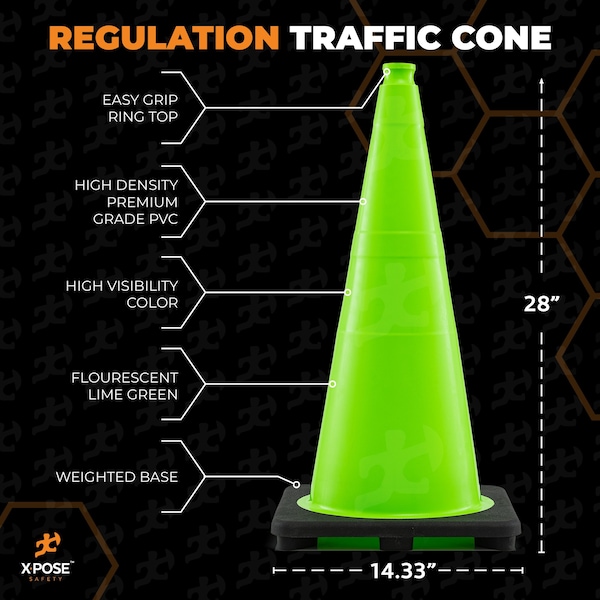 Xpose Safety Traffic Safety Cone, PVC, 28 in Height, 14 in Length, Lime Green - LTC28-6-X-S