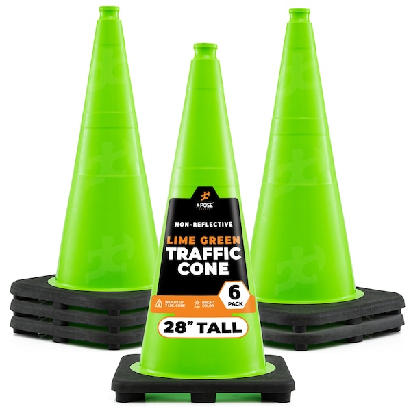 Xpose Safety Traffic Safety Cone, PVC, 28 in Height, 14 in Length, Lime Green - LTC28-6-X-S
