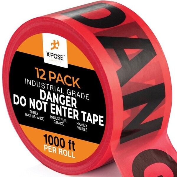 Xpose Safety 12pk Danger Do Not Enter Tape Roll, 12 Rolls, 1000 Ft x 3 In Wide Each, Red Safety Tape, 12PK - PDDNT-12-X-S