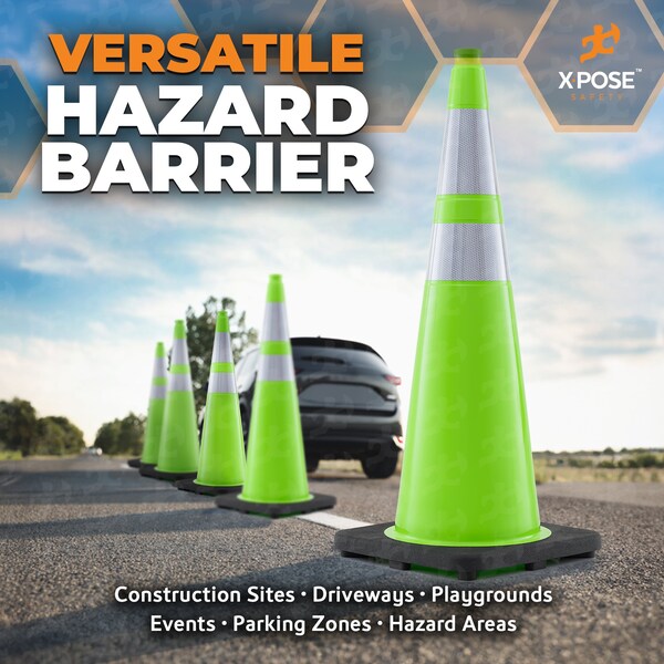 Xpose Safety Traffic Safety Cone, PVC, 36 in Height, 15 in Length, Lime Green - LTC36-64-48-X