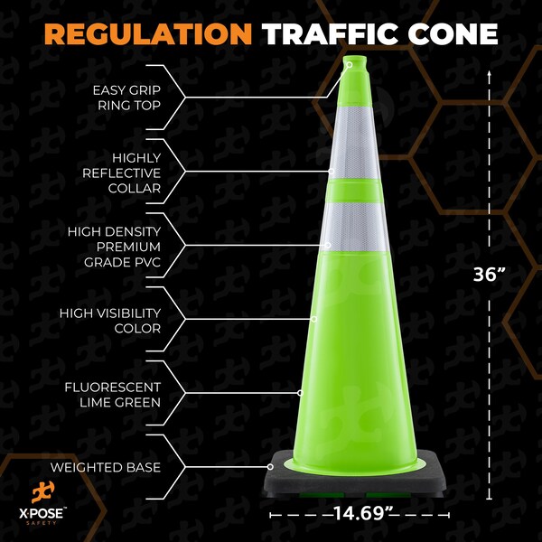 Xpose Safety Traffic Safety Cone, PVC, 36 in Height, 15 in Length, Lime Green - LTC36-64-48-X