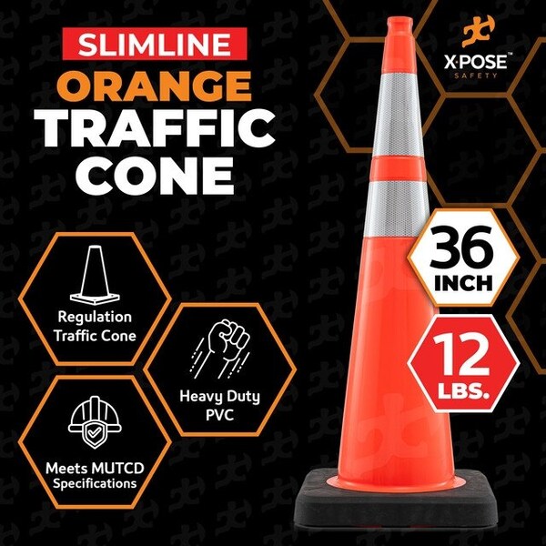 Xpose Safety 36 In Orange Slim Line Traffic Cones with 6 & 4 Collars, 12-PK - OTC36SL-64-12L-12-X