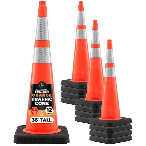 Xpose Safety 36 In Orange Slim Line Traffic Cones with 6 & 4 Collars, 12-PK - OTC36SL-64-12L-12-X