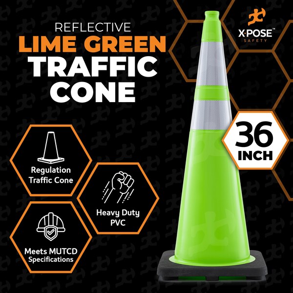 Xpose Safety Traffic Safety Cone, PVC, 36 in Height, 15 in Length, Lime Green - LTC36-64-FP252-X