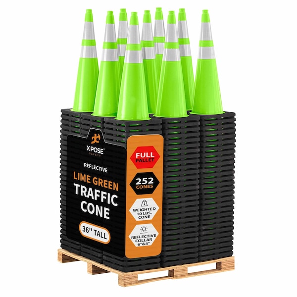 Xpose Safety Traffic Safety Cone, PVC, 36 in Height, 15 in Length, Lime Green - LTC36-64-FP252-X