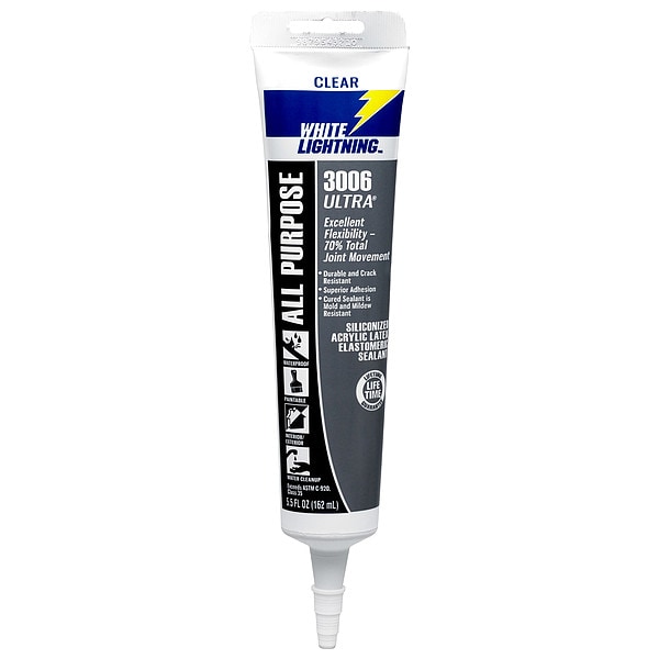 White Lightning Acrylic Latex Elastomeric Sealant, 5 oz, Tube, Clear, Acrylic Latex Base, 3006 Ultra - W11001005