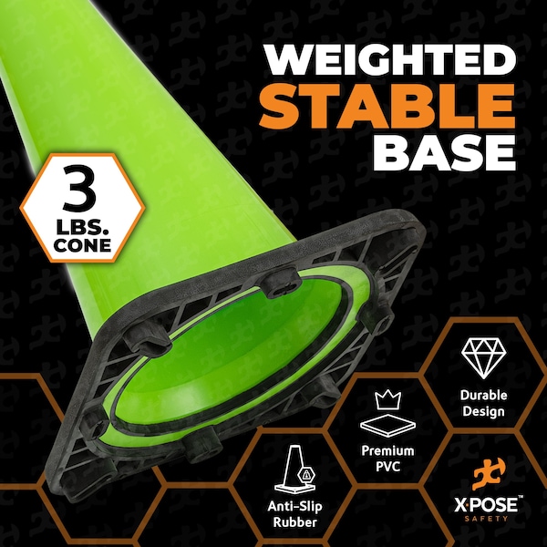 Xpose Safety Traffic Safety Cone, PVC, 18 in Height, 11 in Length, Lime Green - LTC18-FP928-X