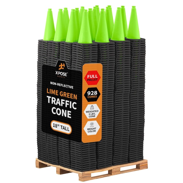 Xpose Safety Traffic Safety Cone, PVC, 18 in Height, 11 in Length, Lime Green - LTC18-FP928-X