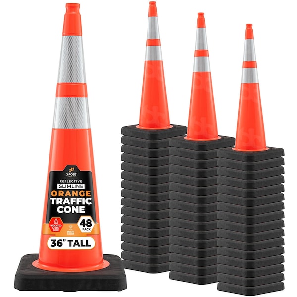 Xpose Safety Traffic Safety Cone, PVC, 36 in Height, 15 in Length, Orange - OTC36SL-64-12L-48-X