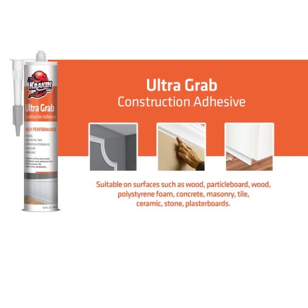 Krakenbond Krakenbond Ultra Grab Construction Adhesive - Seal Concrete, Tile, Glass, Granite, Wood, Instant Grab, 10.1 oz - KR310ACS
