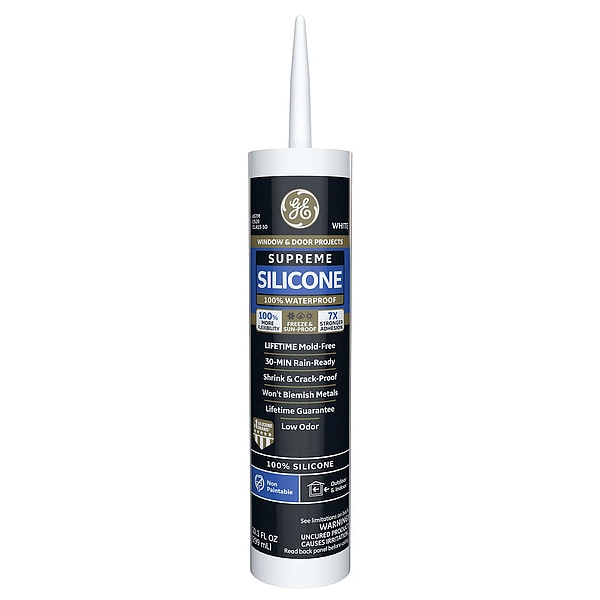 Ge Silicone Sealant, 10 oz, Cartridge, White, Silicone Base, Supreme Silicone - 2970969