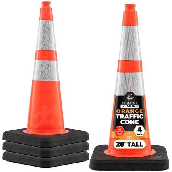 Xpose Safety 28 In Orange Slim Line Traffic Cones with 6 & 4 Collars, 4-PK - OTC28SL-64-10L-4-X-S