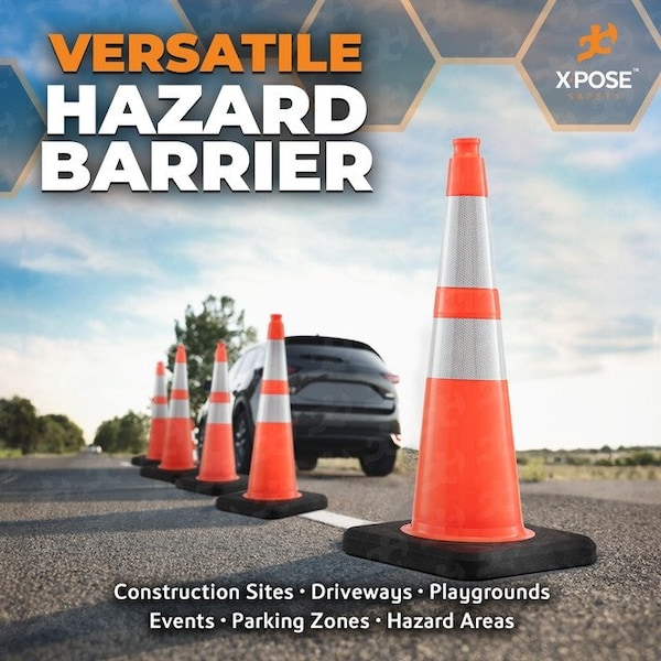 Xpose Safety 28 In Orange Slim Line Traffic Cones with 6 & 4 Collars, 4-PK - OTC28SL-64-10L-4-X-S