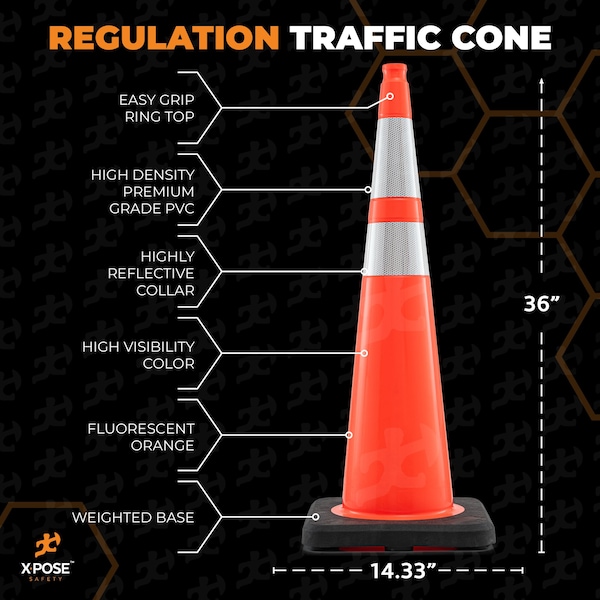 Xpose Safety Traffic Safety Cone, PVC, 36 in Height, 15 in Length, Orange - OTC36SL-64-8-X