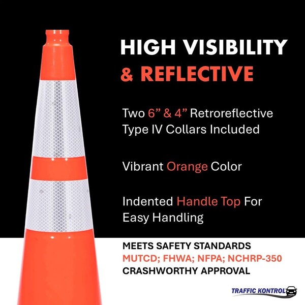Traffic Kontrol Traffic Safety Cone, 36in Inch, 10 Lbs, 6in + 4in Reflective Collars, Orange, 1 PC - TKTC-36-10-OR-2C