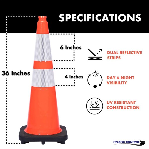 Traffic Kontrol Traffic Safety Cone, 36in Inch, 10 Lbs, 6in + 4in Reflective Collars, Orange, 1 PC - TKTC-36-10-OR-2C