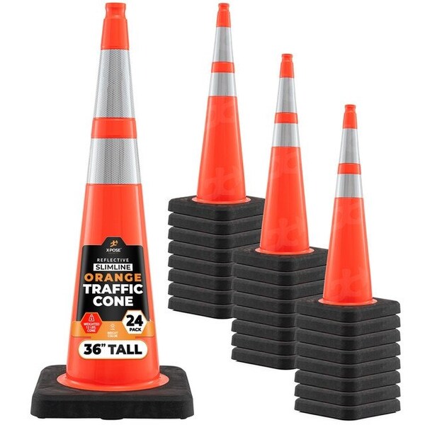 Xpose Safety 36 In Orange Slim Line Traffic Cones with 6 & 4 Collars, 24-PK - OTC36SL-64-12L-24-X