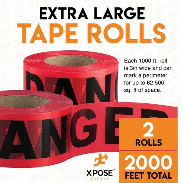 Xpose Safety 2pk Danger/Peligro Do Not Enter Tape Roll, 2 Rolls, 1000 Ft x 3 In Wide Each, Red Safety Tape, 2PK - PDPT-2-X-S