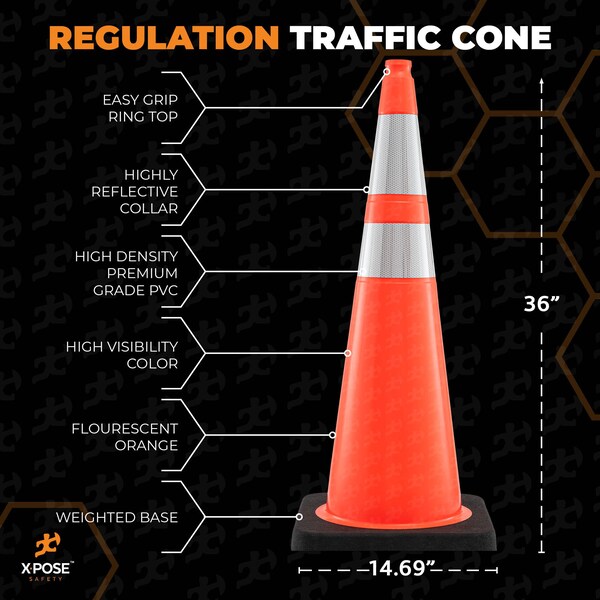 Xpose Safety Traffic Safety Cone, PVC, 36 in Height, 15 in Length, Orange - OTC36-64-12L-12-X