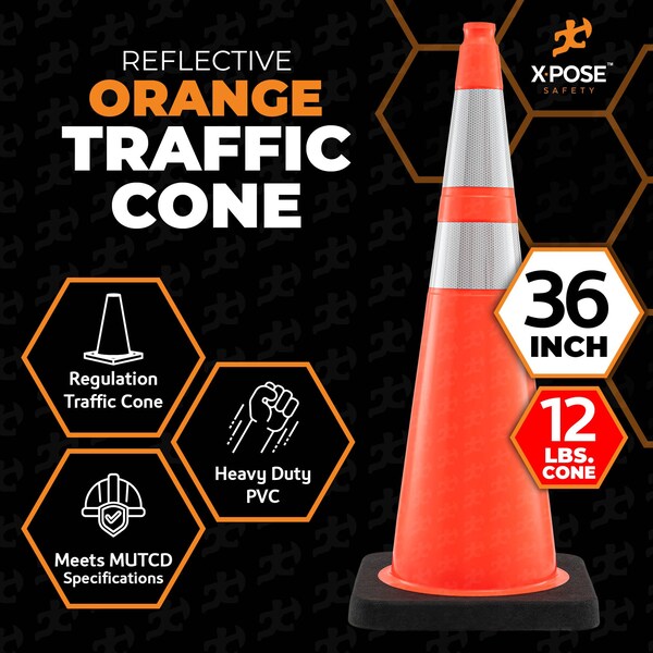 Xpose Safety Traffic Safety Cone, PVC, 36 in Height, 15 in Length, Orange - OTC36-64-12L-12-X