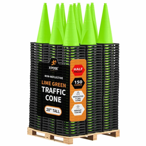 Xpose Safety Traffic Safety Cone, PVC, 28 in Height, 14 in Length, Lime Green - LTC28-HP150-X
