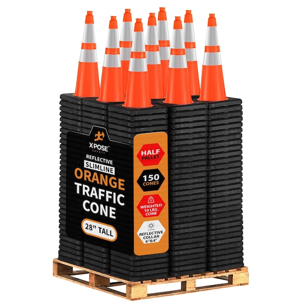 Xpose Safety Traffic Safety Cone, PVC, 28 in Height, 14 in Length, Orange - OTC28SL-64-10L-HP150-X
