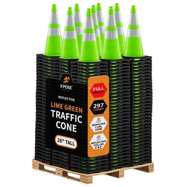 Xpose Safety Traffic Safety Cone, PVC, 28 in Height, 14 in Length, Lime Green - LTC28-64-FP297-X