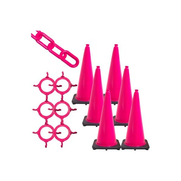 Gec Traffic Cone & Chain Kit, HDPE/PVC, 28 in Height, Safety Pink - 93225-6