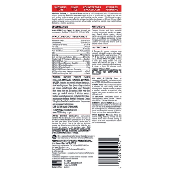 Silicone Ii GE Advanced White Silicone 2 Kitchen and Bath Caulk Sealant 10.1 oz - GE-5070