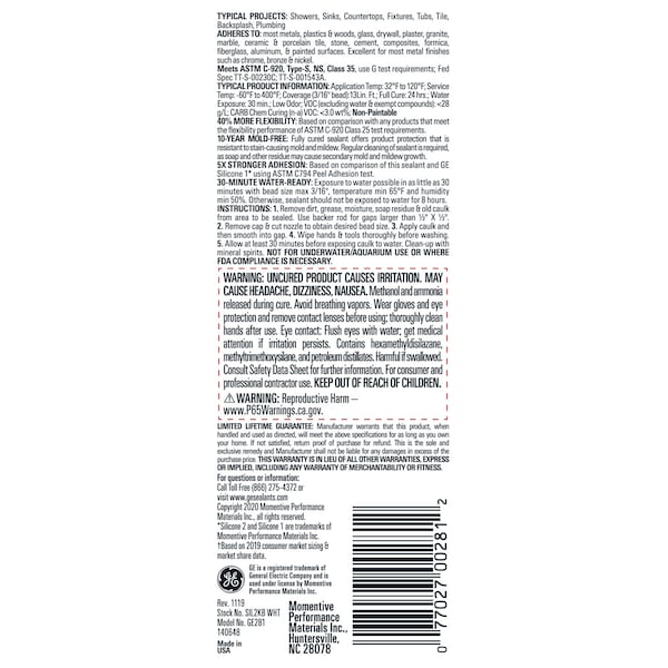 Silicone Ii GE Advanced Silicone White Silicone 2 Kitchen and Bath Caulk Sealant 2.8 oz - GE281