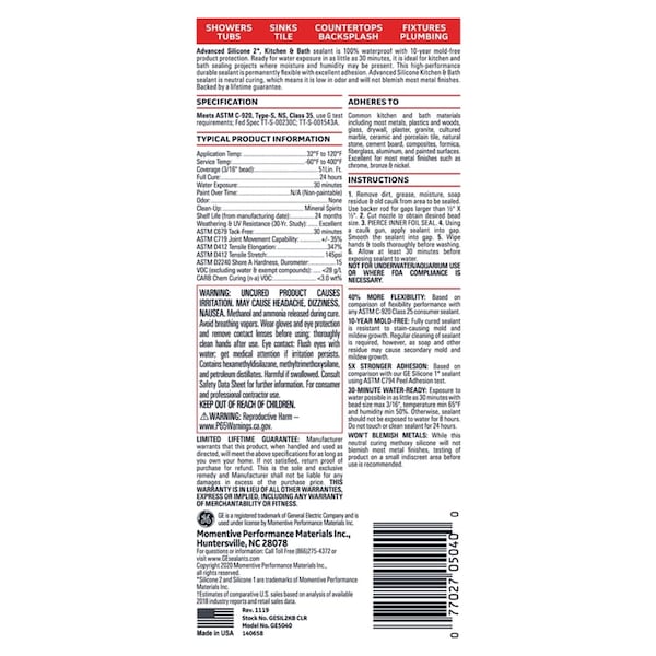Silicone Ii GE Advanced Clear Silicone 2 Kitchen and Bath Caulk Sealant 10.1 oz - GE5040