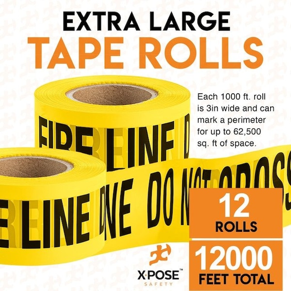 Xpose Safety 12pk Fire Line Do Not Enter Tape Roll, 12 Rolls, 1000 Ft x 3 In Wide Each, Yellow Safety Tape, 12PK - PFLT-12-X-S