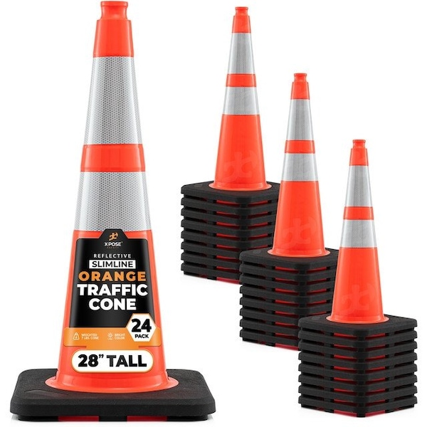 Xpose Safety 28 In Orange Slim Line Traffic Cones with 6 & 4 Collars, 24-PK - OTC28SL-64-24-X