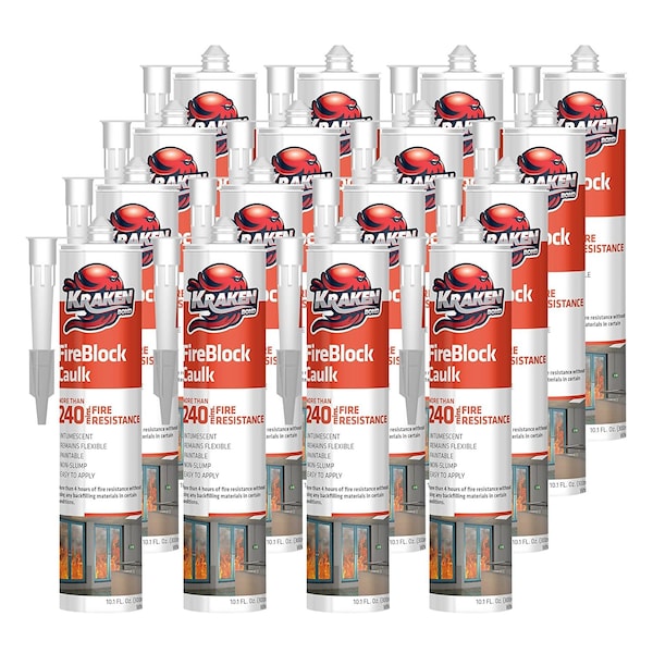 Krakenbond Krakenbond Fire Block Acrylic Caulk for Stone, Concrete, Cement, Heat Resistant, Paintable, 10.1 oz, White, 12PK - KR1201FRS-12
