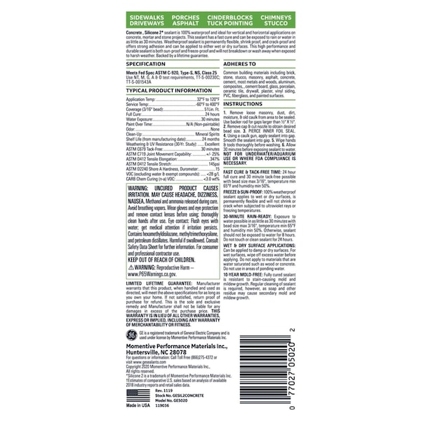 Silicone Ii GE Advanced Light Gray Silicone 2 Concrete and Masonry Caulk Sealant 10.1 oz - 2816709