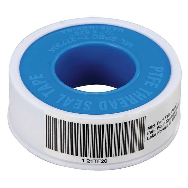 Zoro Select PTFE Thread Sealant Tape, Low Density, 1/2 in W x 43 ft L, White,  - 21TF20