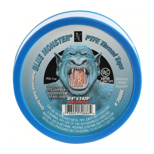 Blue Monster PTFE Thread Sealant Tape, 3/4 in W x 119 ft L, Blue, 0.0035 in Thick - 70886