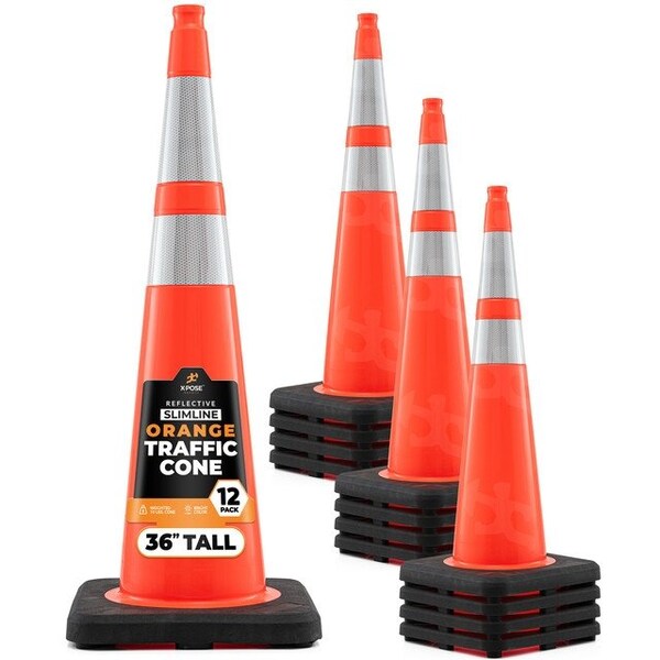 Xpose Safety 36 In Orange Slim Line Traffic Cones with 6 & 4 Collars, 12-PK - OTC36SL-64-12-X