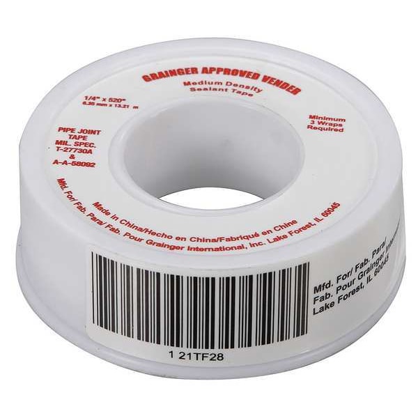 Zoro Select Thread Sealant Tape, 1/4 in W x 43 ft L, 4 mil Thick, White, 1 Pk - 21TF28