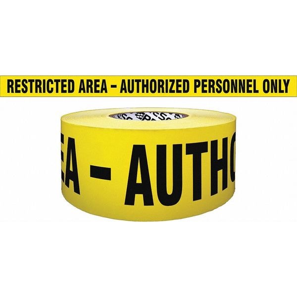 Zoro Select Barricade Tape, Restricted Area Authorized Personnel Only, Yellow, 3 in Wide x 500 ft Length, 4 mil - B354Y1028-200