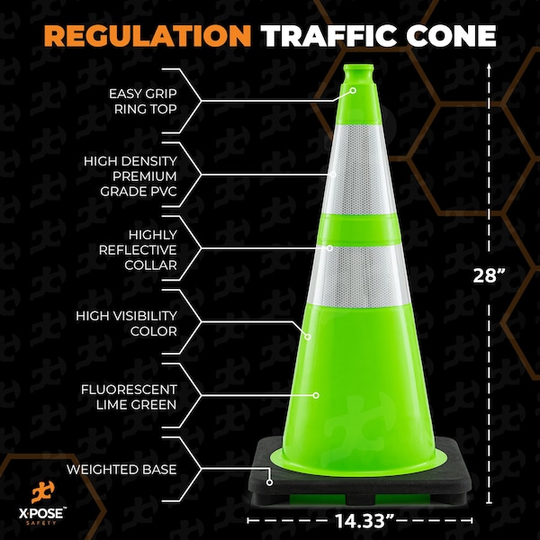 Xpose Safety Traffic Cone, PVC, 28" Height, Lime - LTC28-64-24-X