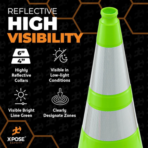 Xpose Safety Traffic Cone, PVC, 28" Height, Lime - LTC28-64-24-X
