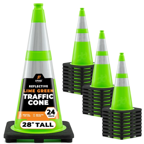 Xpose Safety Traffic Cone, PVC, 28" Height, Lime - LTC28-64-24-X