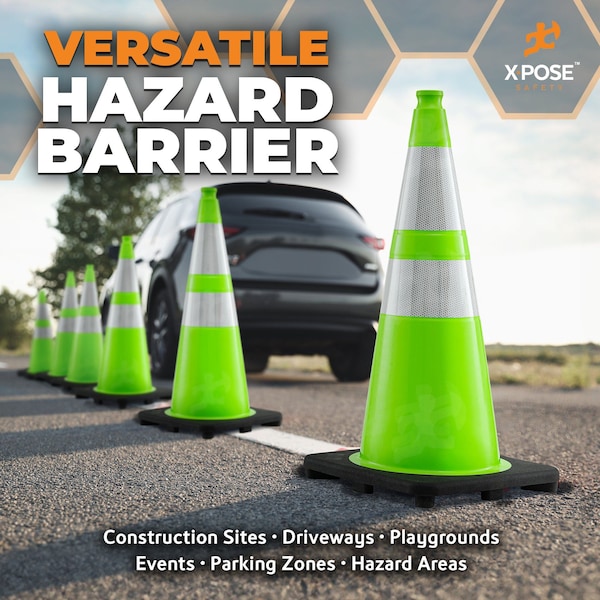 Xpose Safety Traffic Cone, PVC, 28" Height, Lime - LTC28-64-24-X