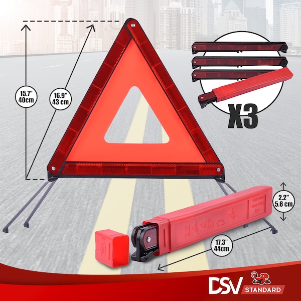 Dsv Standard Safety Triangles w/ Case for Vehicles, 3-PK - 98004